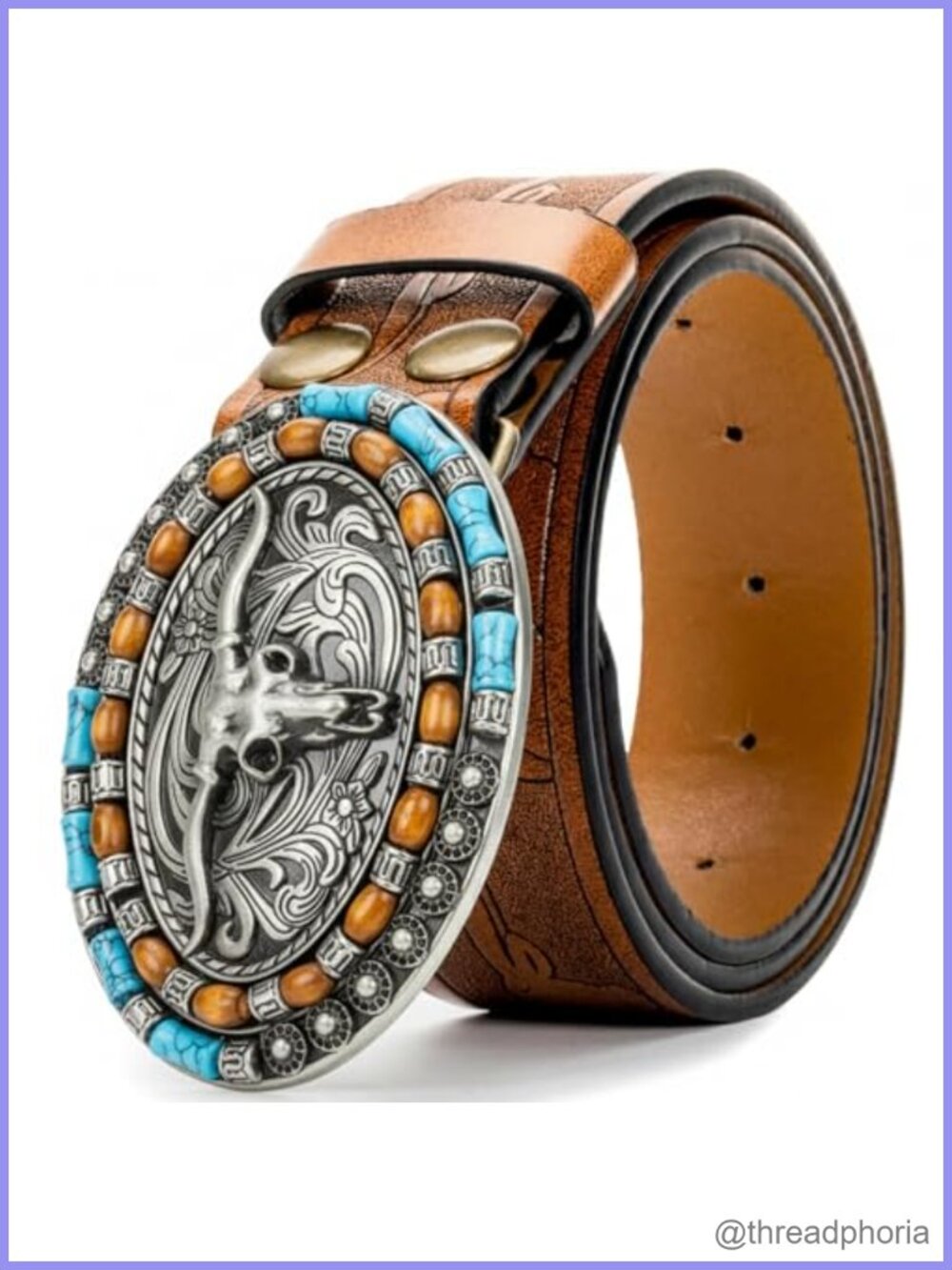 Western Cowboy Leather Belt Turquoise Cow Head Buckle 1.5" Wide
